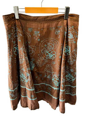 Fat Face Cotton Silk Floral Embroidered Skirt 14 Brown Teal Paisley Print Boho
